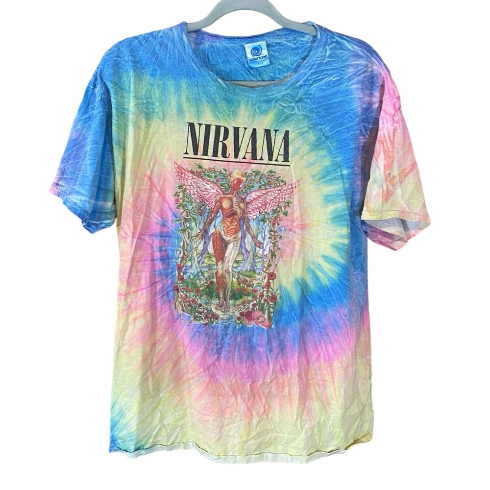 Nirvana In Utero Tie-Dye Band T-Shirt Large Colortone Rainbow Grunge Rock